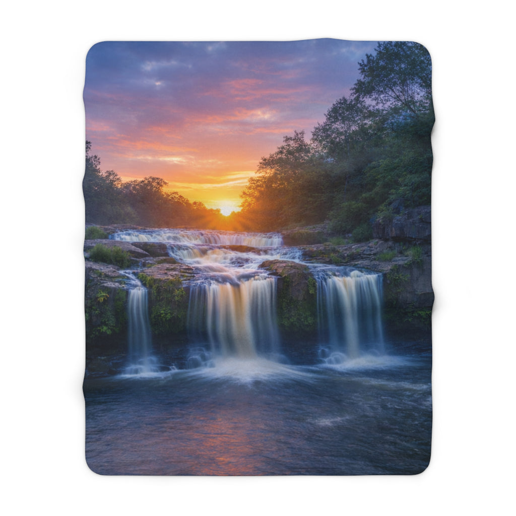 Waterfall Sunset Sherpa Blanket — Cozy Nature Fleece Throw